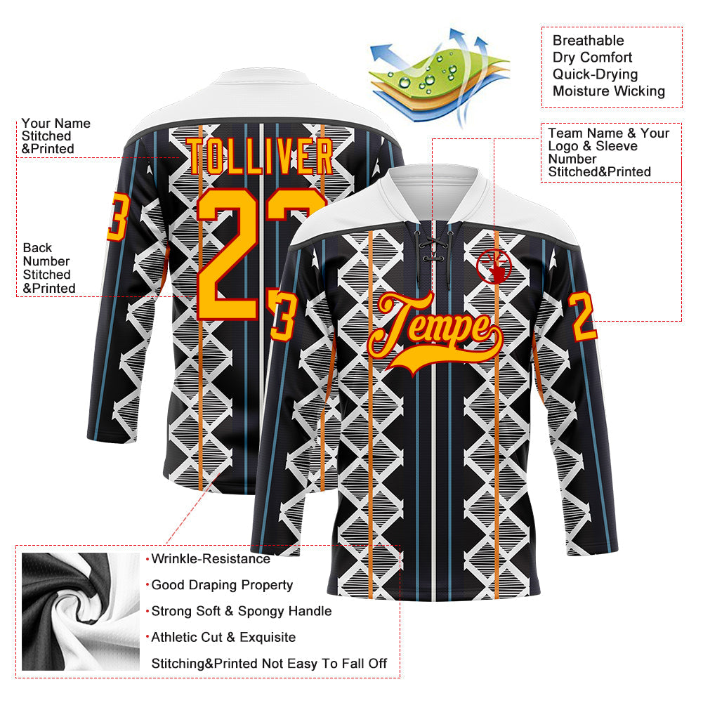 Custom Black Gold Blue Red-White 3D Pattern Design Stripe Geometric Hockey Lace Neck Jersey