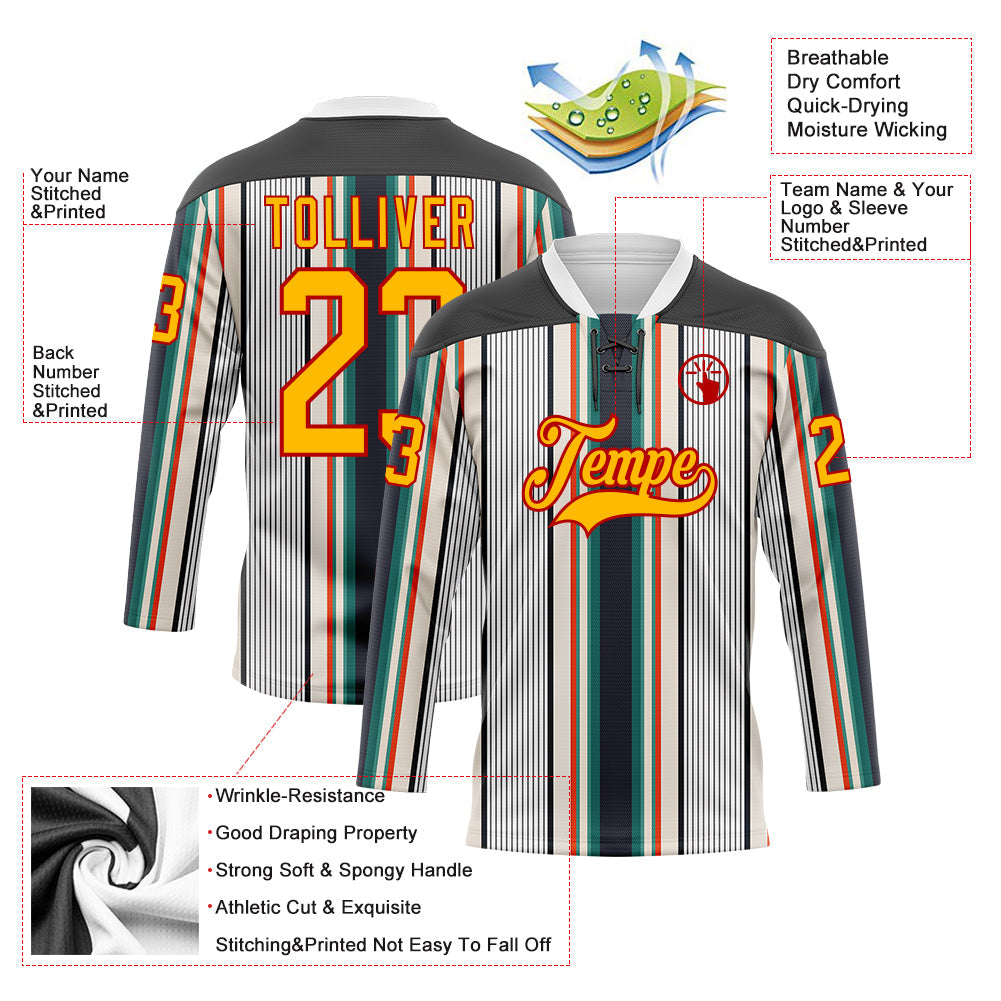 Custom White Gold Black Cream Green-Red 3D Pattern Design Stripe Hockey Lace Neck Jersey