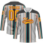 Custom White Gold Black Cream Green-Red 3D Pattern Design Stripe Hockey Lace Neck Jersey