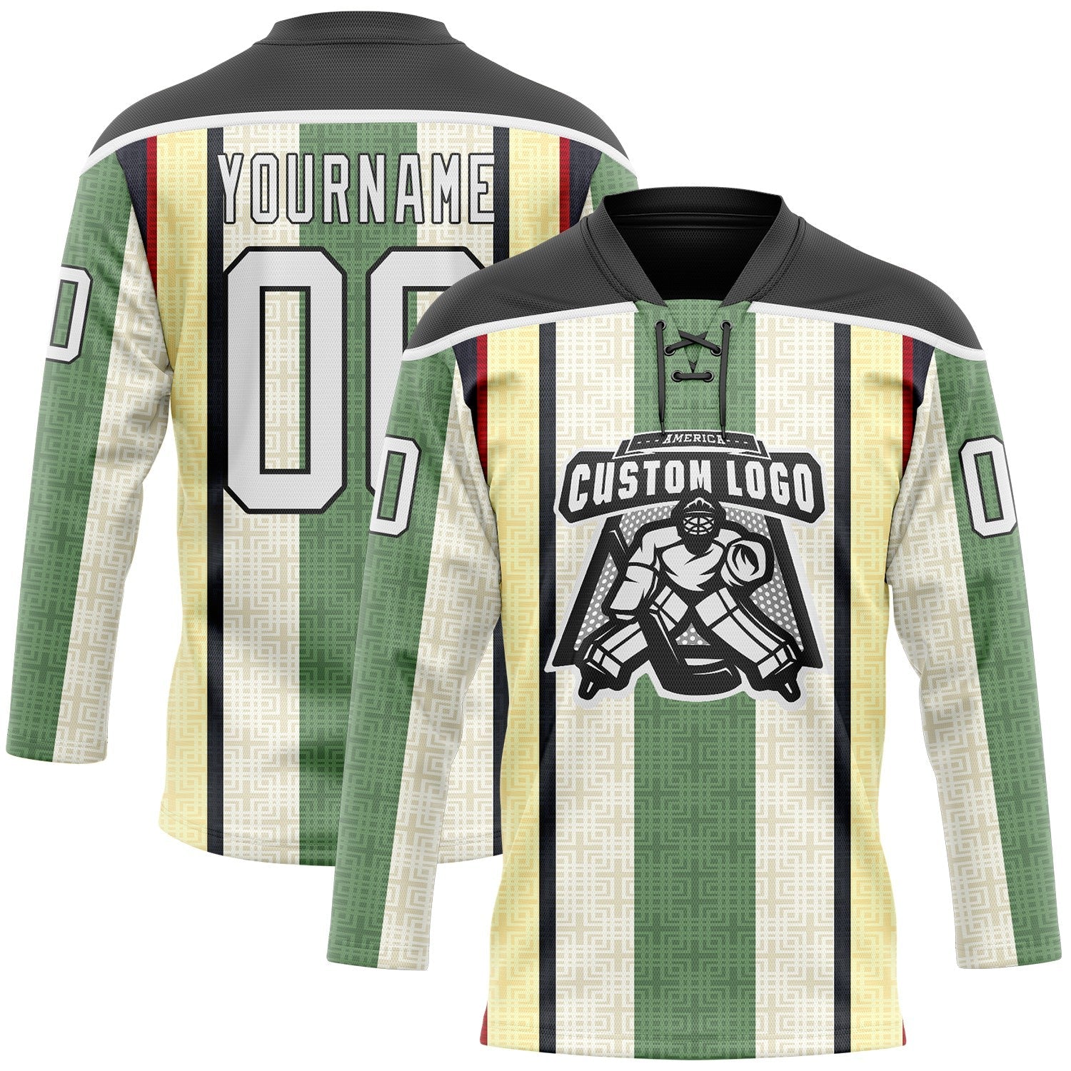 Custom Green White Cream Black-Red 3D Pattern Design Stripe Hockey Lace Neck Jersey