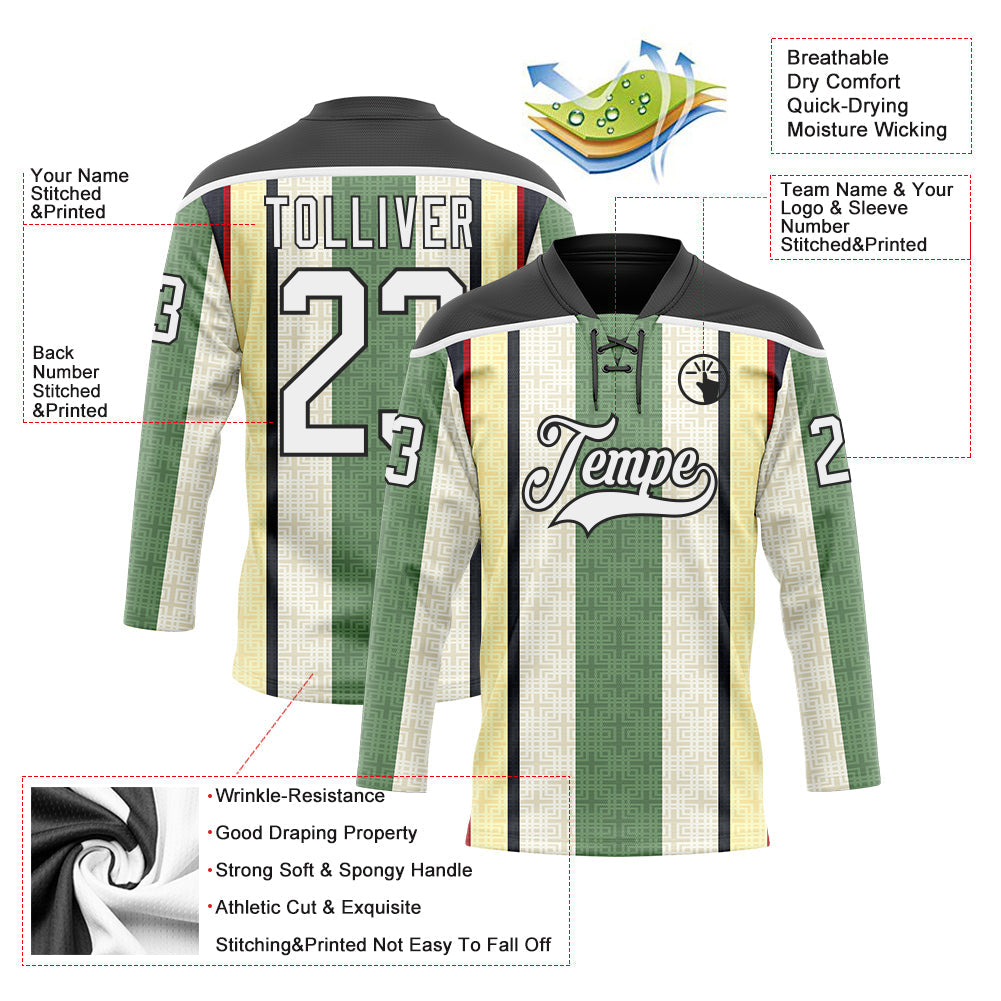 Custom Green White Cream Black-Red 3D Pattern Design Stripe Hockey Lace Neck Jersey