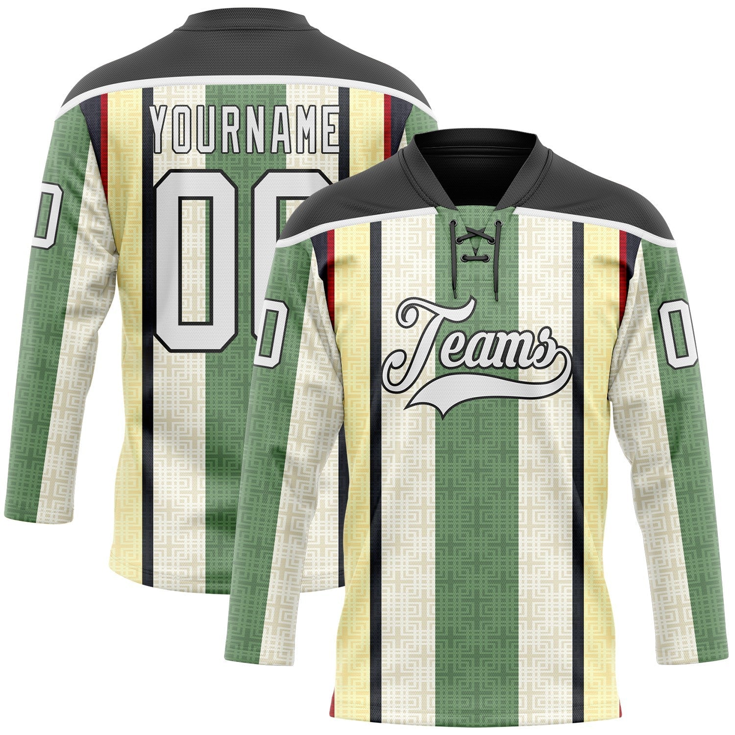 Custom Green White Cream Black-Red 3D Pattern Design Stripe Hockey Lace Neck Jersey