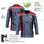 Custom Blue Navy Black Red-White 3D Pattern Design Stripe Hockey Lace Neck Jersey