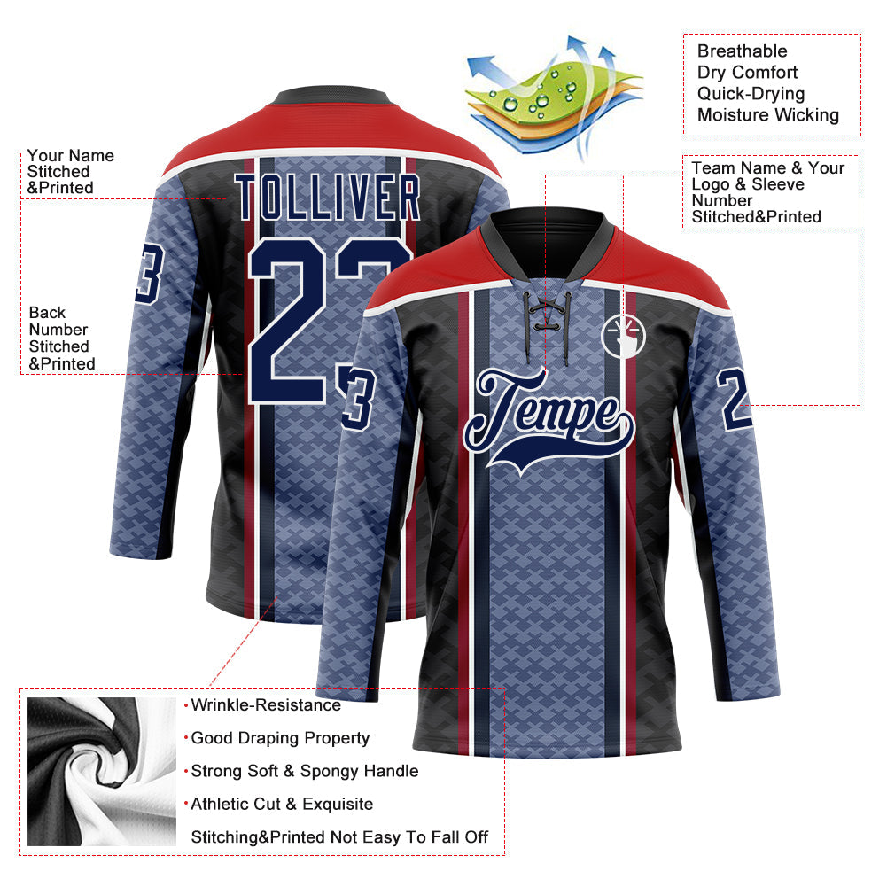 Custom Blue Navy Black Red-White 3D Pattern Design Stripe Hockey Lace Neck Jersey