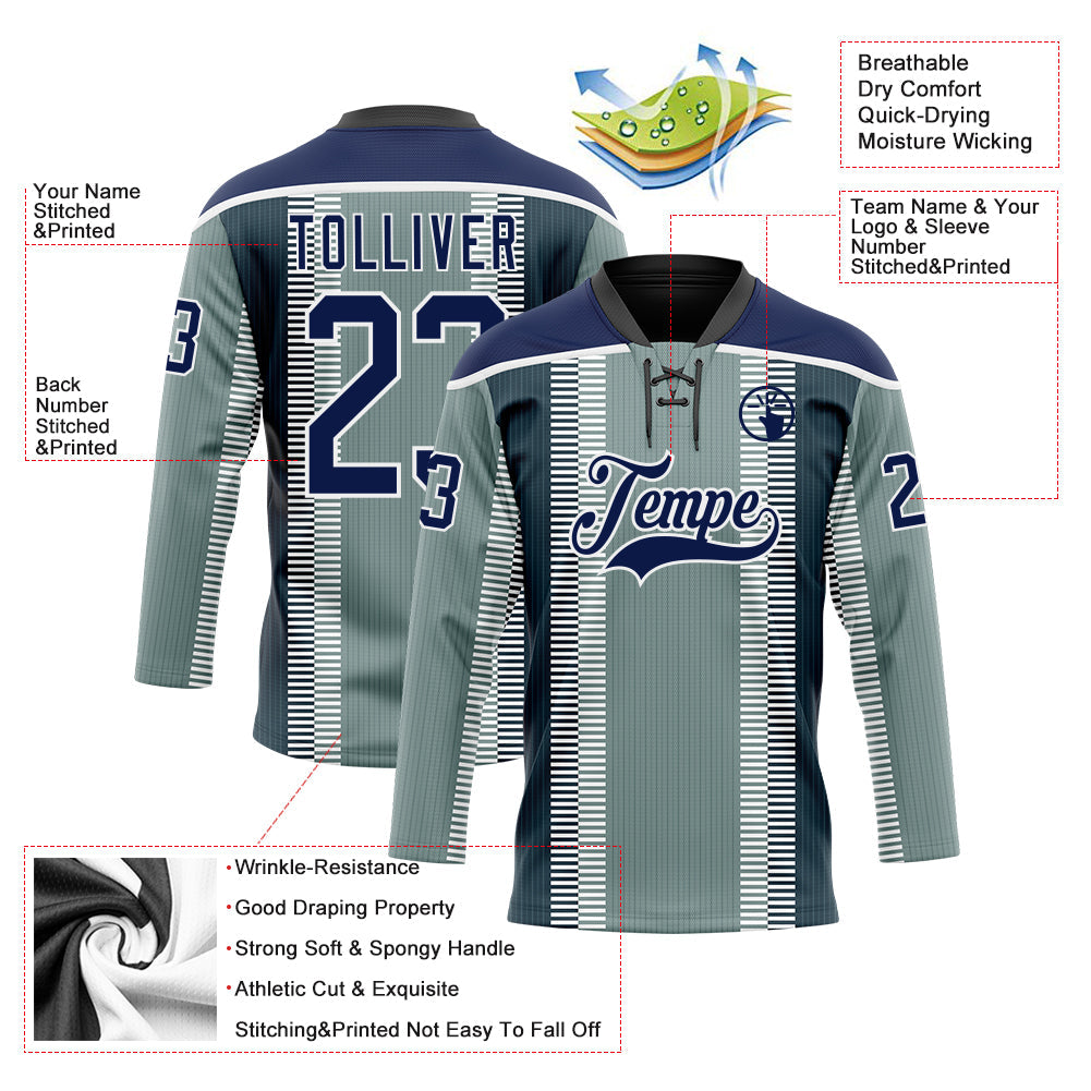 Custom Green Navy Black-White 3D Pattern Design Stripe Hockey Lace Neck Jersey