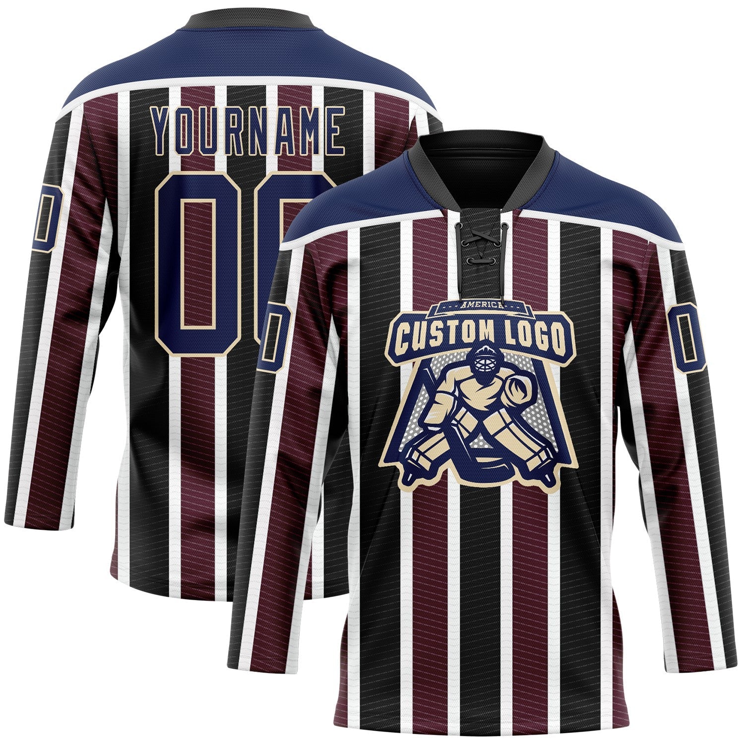 Custom Black Navy Red Cream-White 3D Pattern Design Stripe Hockey Lace Neck Jersey