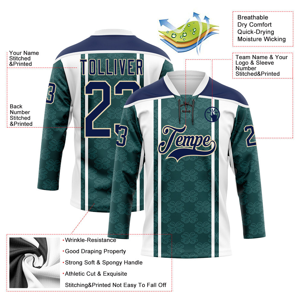 Custom Green Navy White-Cream 3D Pattern Design Stripe Hockey Lace Neck Jersey