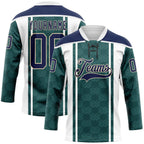 Custom Green Navy White-Cream 3D Pattern Design Stripe Hockey Lace Neck Jersey