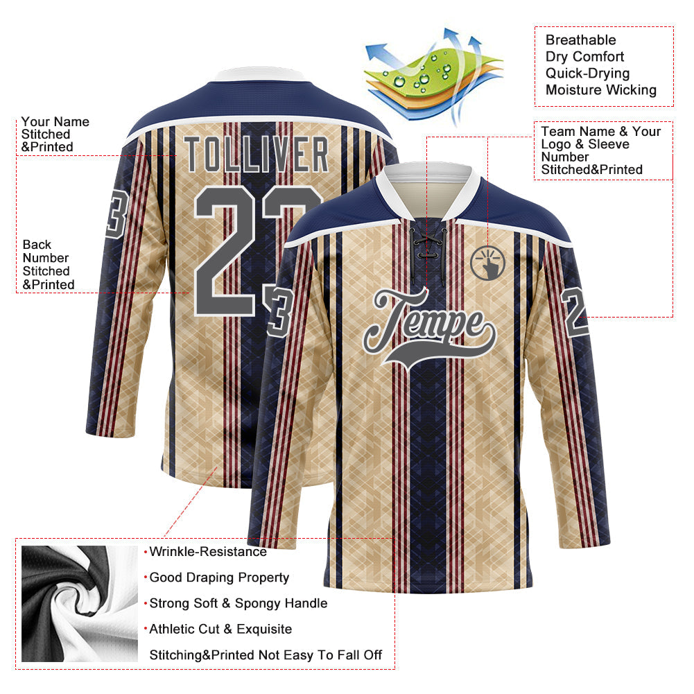 Custom Cream Steel Gray Red Navy-White 3D Pattern Design Stripe Hockey Lace Neck Jersey