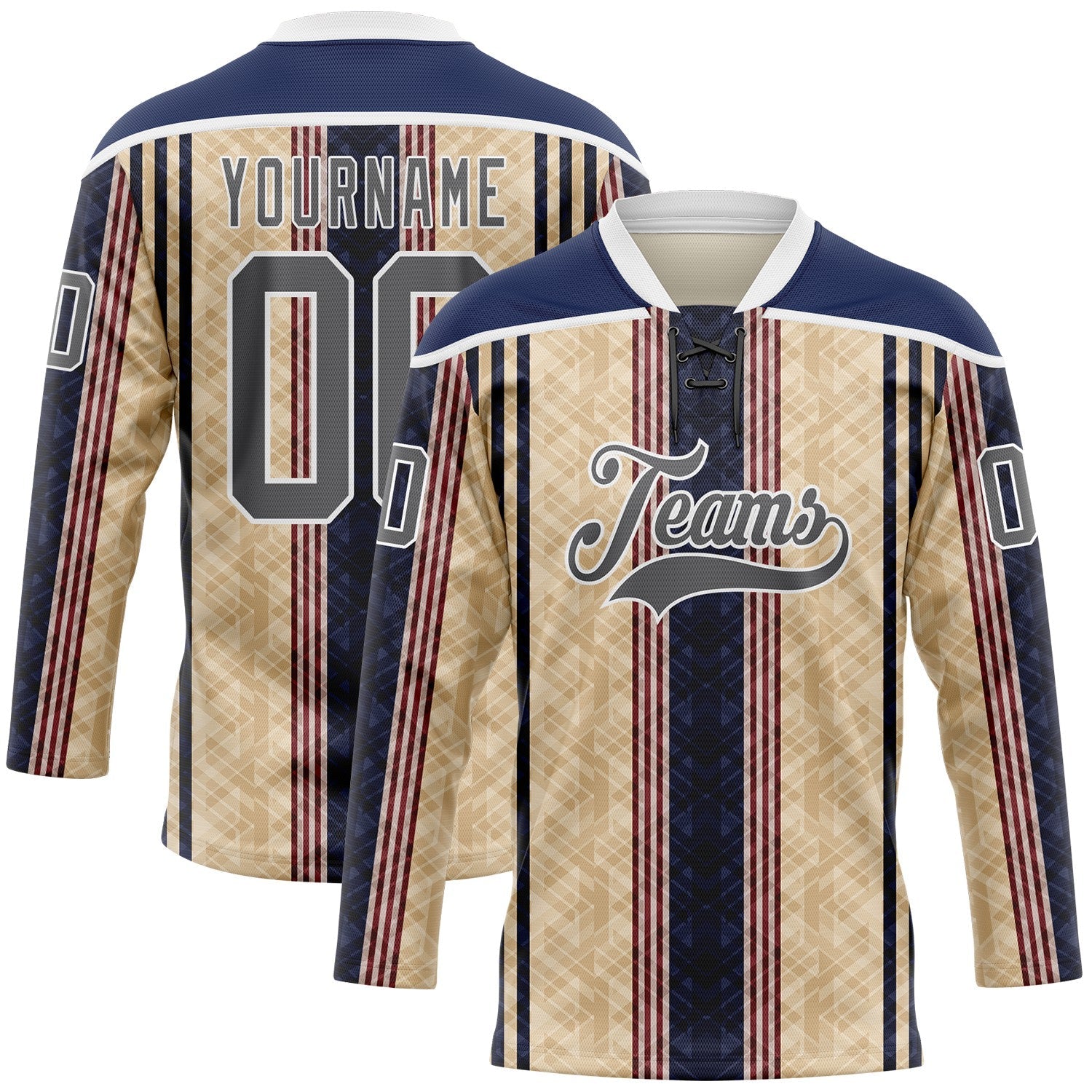 Custom Cream Steel Gray Red Navy-White 3D Pattern Design Stripe Hockey Lace Neck Jersey