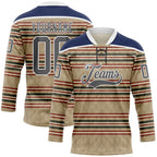Custom Old Gold Steel Gray Red Cream-White 3D Pattern Design Stripe Hockey Lace Neck Jersey