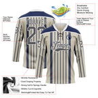 Custom Cream Steel Gray Navy-White 3D Pattern Design Stripe Hockey Lace Neck Jersey