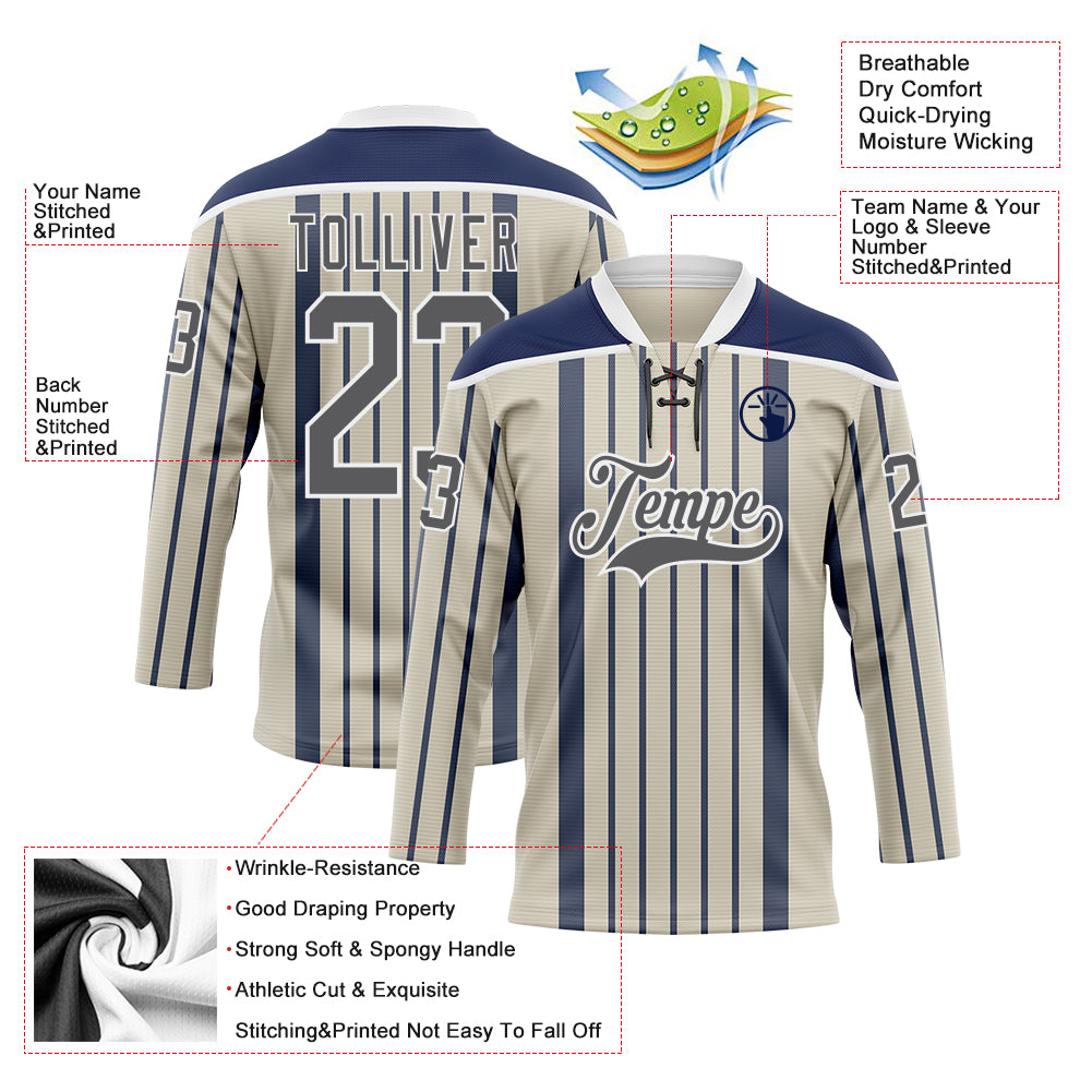 Custom Cream Steel Gray Navy-White 3D Pattern Design Stripe Hockey Lace Neck Jersey