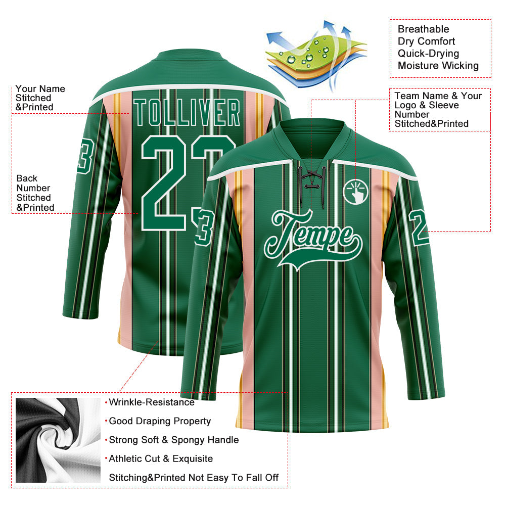 Custom Kelly Green Pink Yellow Black-White 3D Pattern Design Stripe Hockey Lace Neck Jersey