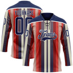 Custom Red Navy Cream-White 3D Pattern Design Stripe Hockey Lace Neck Jersey