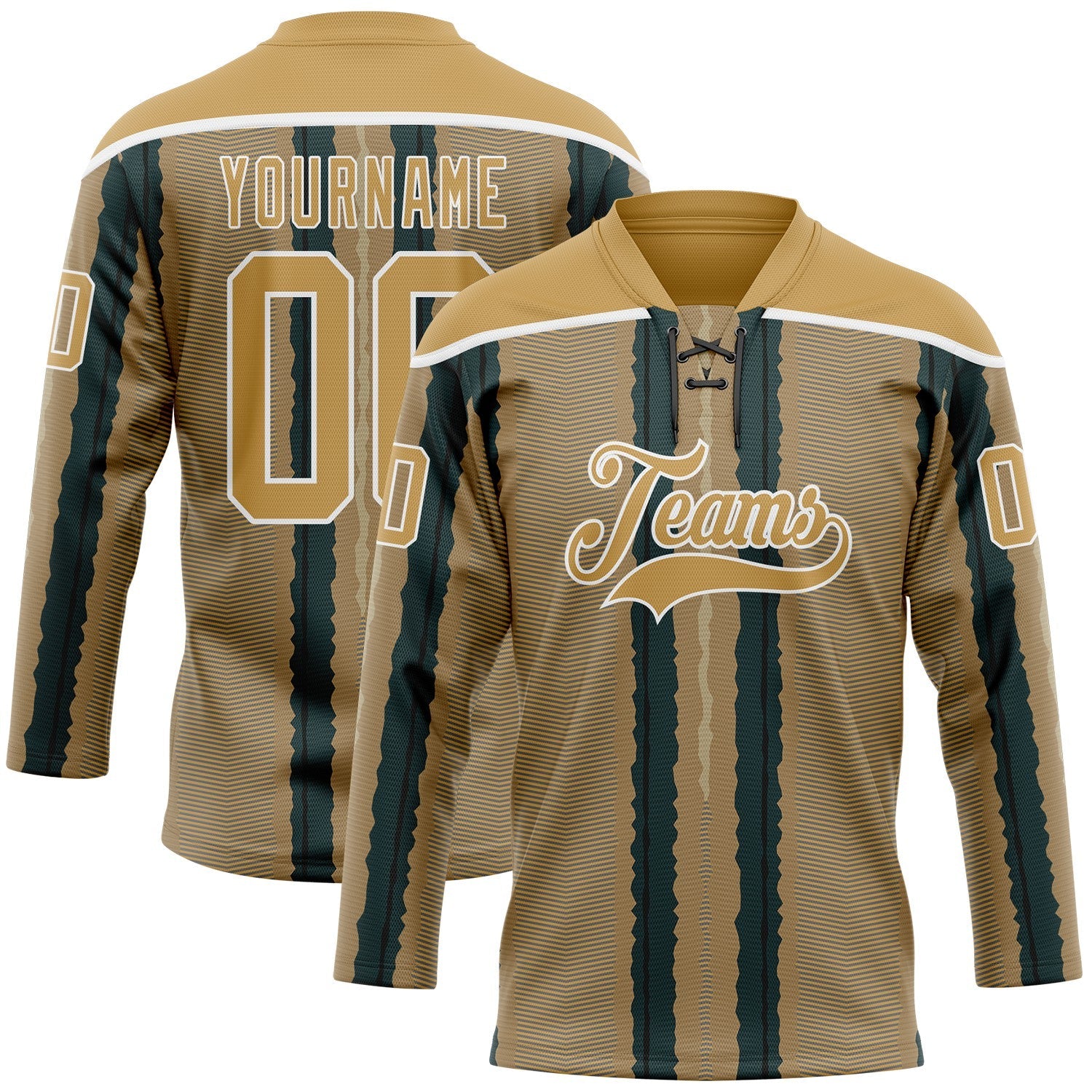 Custom Old Gold Green Black-White 3D Pattern Design Stripe Hockey Lace Neck Jersey