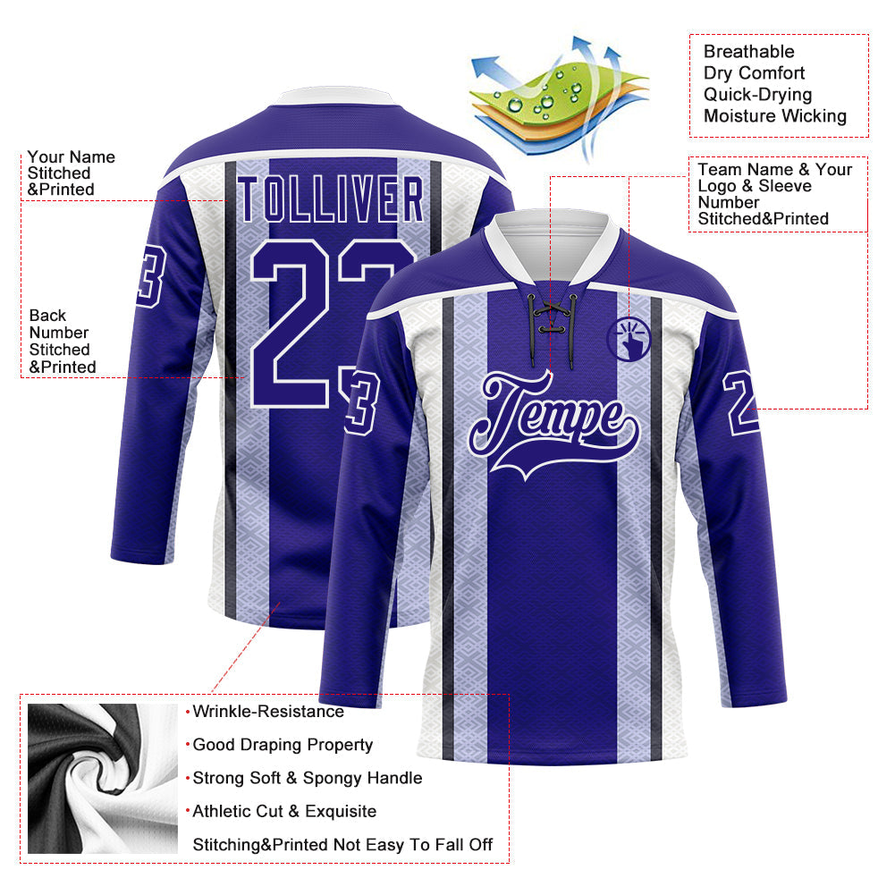 Custom Dark Purple Black-White 3D Pattern Design Stripe Hockey Lace Neck Jersey