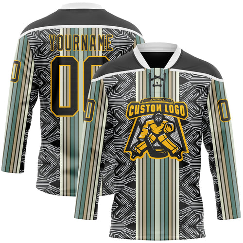 Custom Black Blue Gold-White 3D Pattern Design Stripe Hockey Lace Neck Jersey