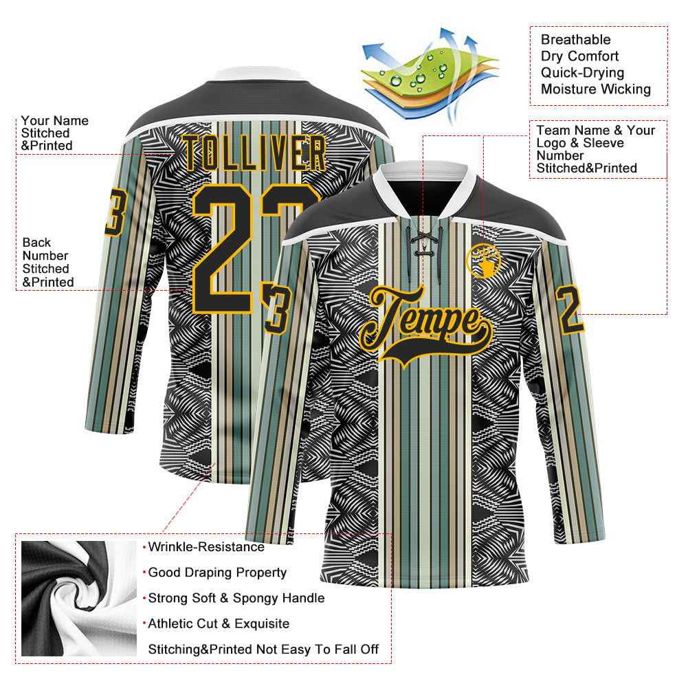 Custom Black Blue Gold-White 3D Pattern Design Stripe Hockey Lace Neck Jersey