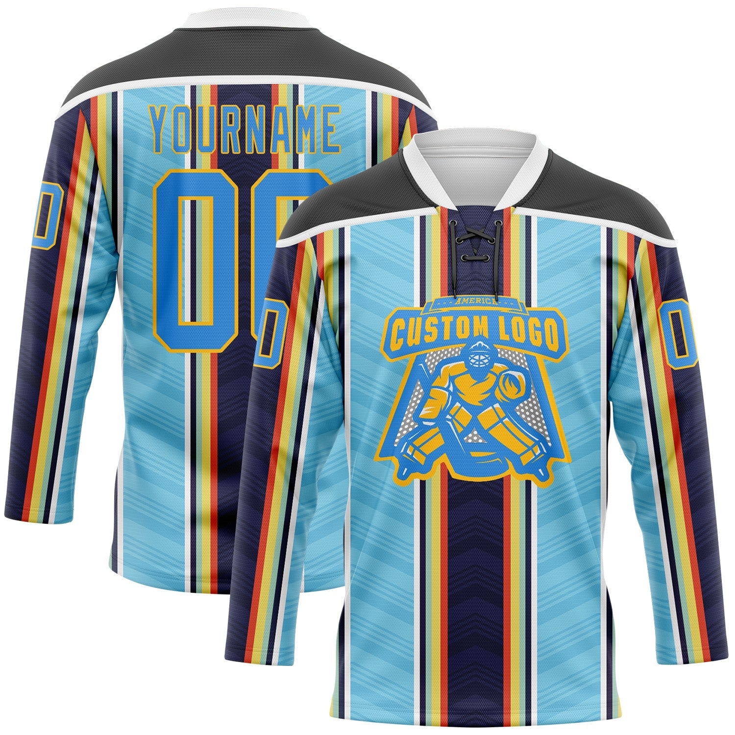 Custom Blue Powder Blue Black Red Gold-White 3D Pattern Design Stripe Hockey Lace Neck Jersey