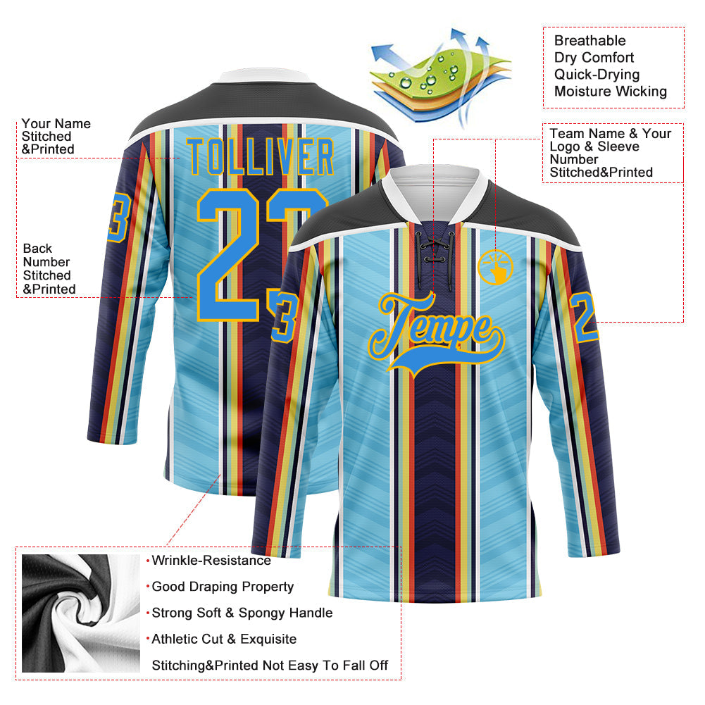 Custom Blue Powder Blue Black Red Gold-White 3D Pattern Design Stripe Hockey Lace Neck Jersey