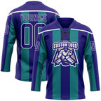 Custom Dark Purple Green-White 3D Pattern Design Stripe Hockey Lace Neck Jersey