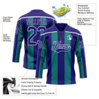 Custom Dark Purple Green-White 3D Pattern Design Stripe Hockey Lace Neck Jersey