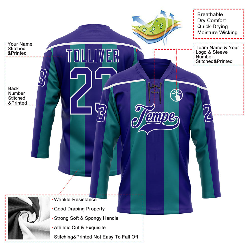 Custom Dark Purple Green-White 3D Pattern Design Stripe Hockey Lace Neck Jersey