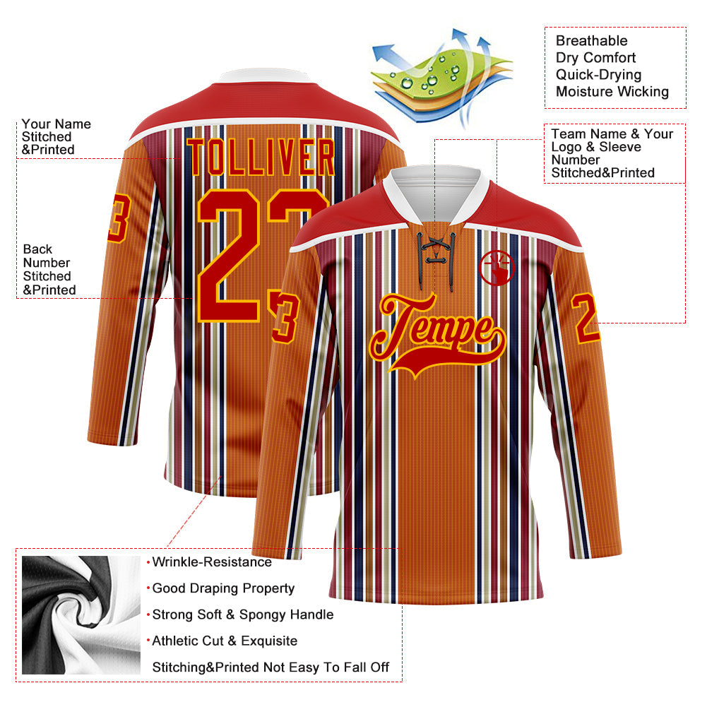 Custom Orange Red Blue Gold-White 3D Pattern Design Stripe Hockey Lace Neck Jersey