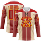 Custom Red Cream Gold-White 3D Pattern Design Stripe Hockey Lace Neck Jersey