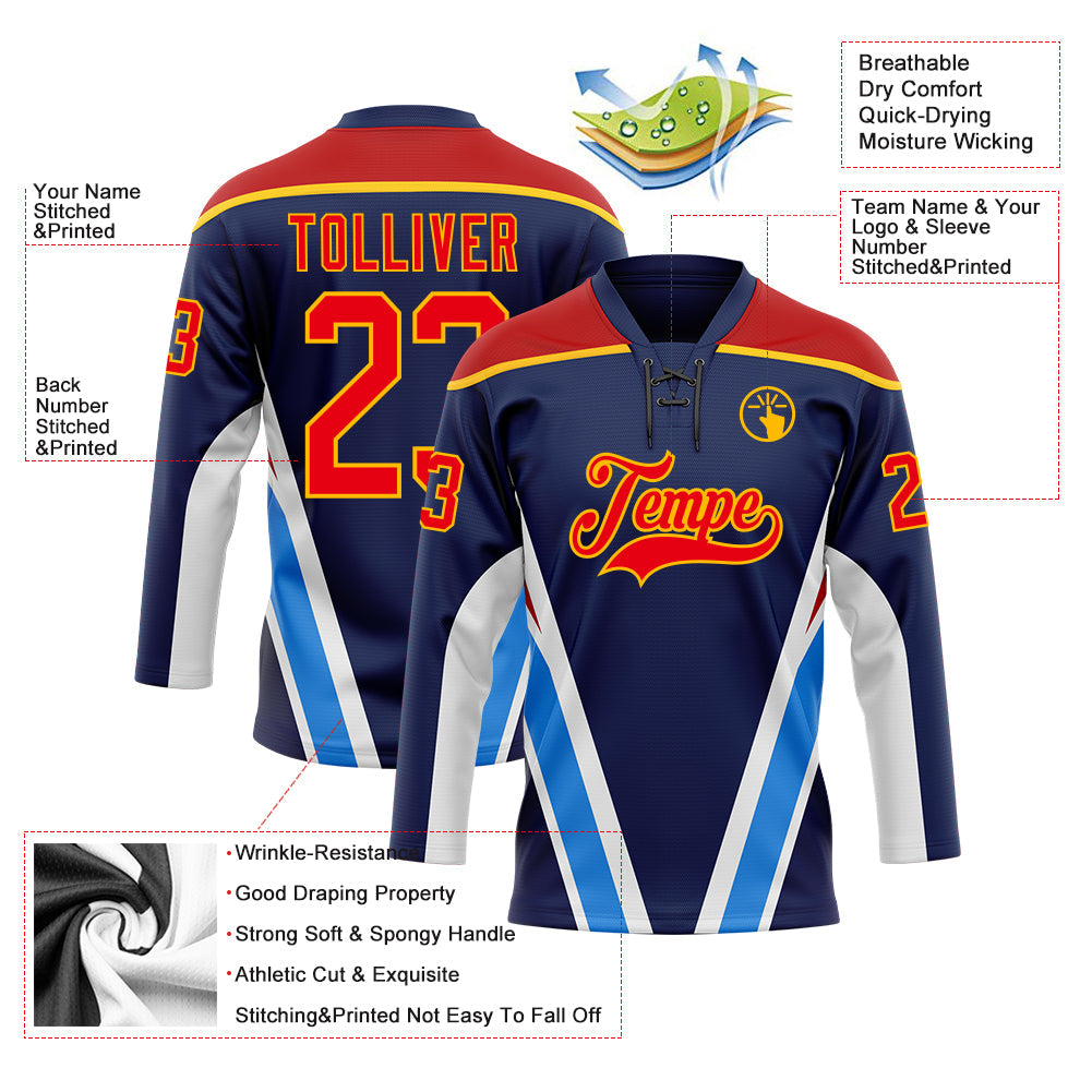 Custom Navy Fire Red Gold Blue-White 3D Abstract Pattern Graphic Cyber Mecha E-sport Hockey Lace Neck Jersey