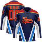 Custom Navy Fire Red Gold Blue-White 3D Abstract Pattern Graphic Cyber Mecha E-sport Hockey Lace Neck Jersey