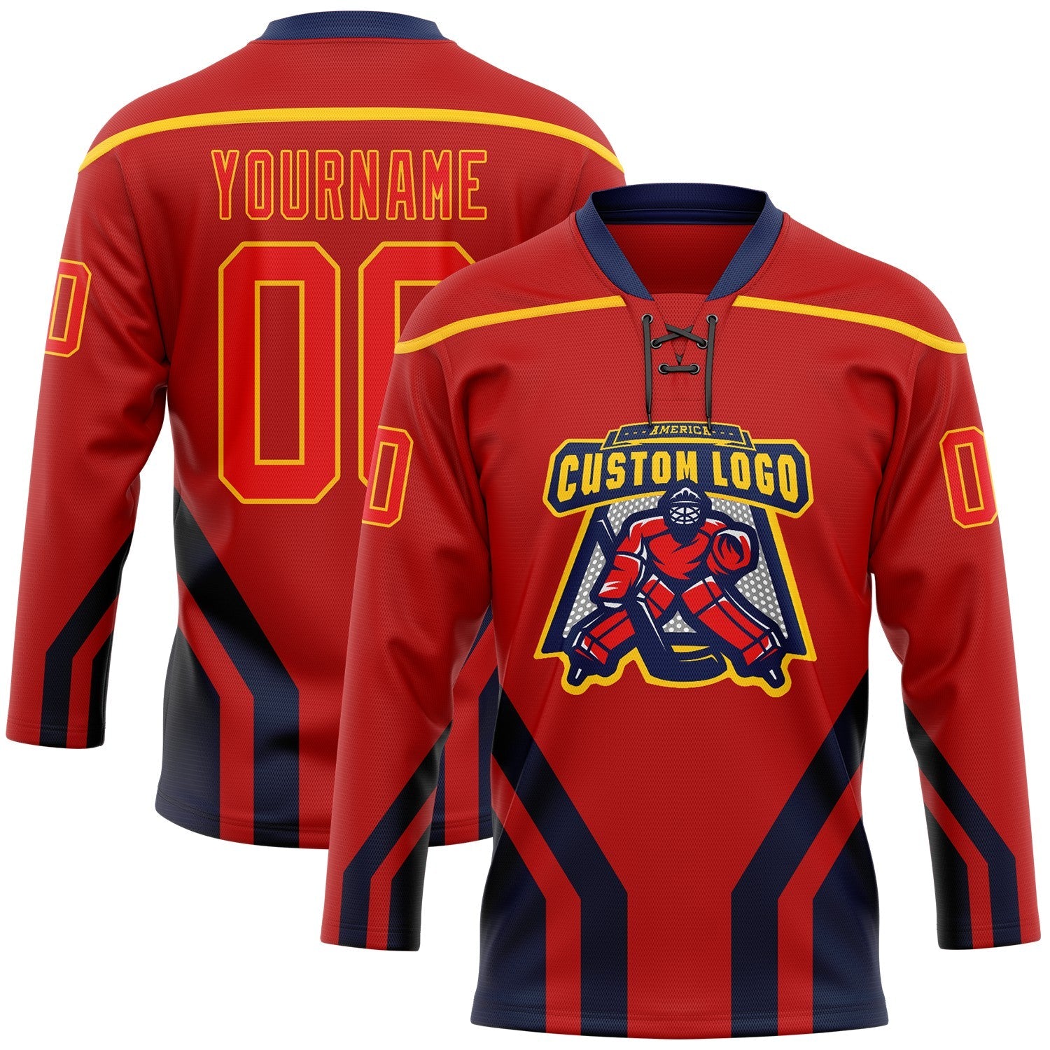 Custom Red Fire Red Gold-Navy 3D Abstract Pattern Graphic Cyber Mecha E-sport Hockey Lace Neck Jersey