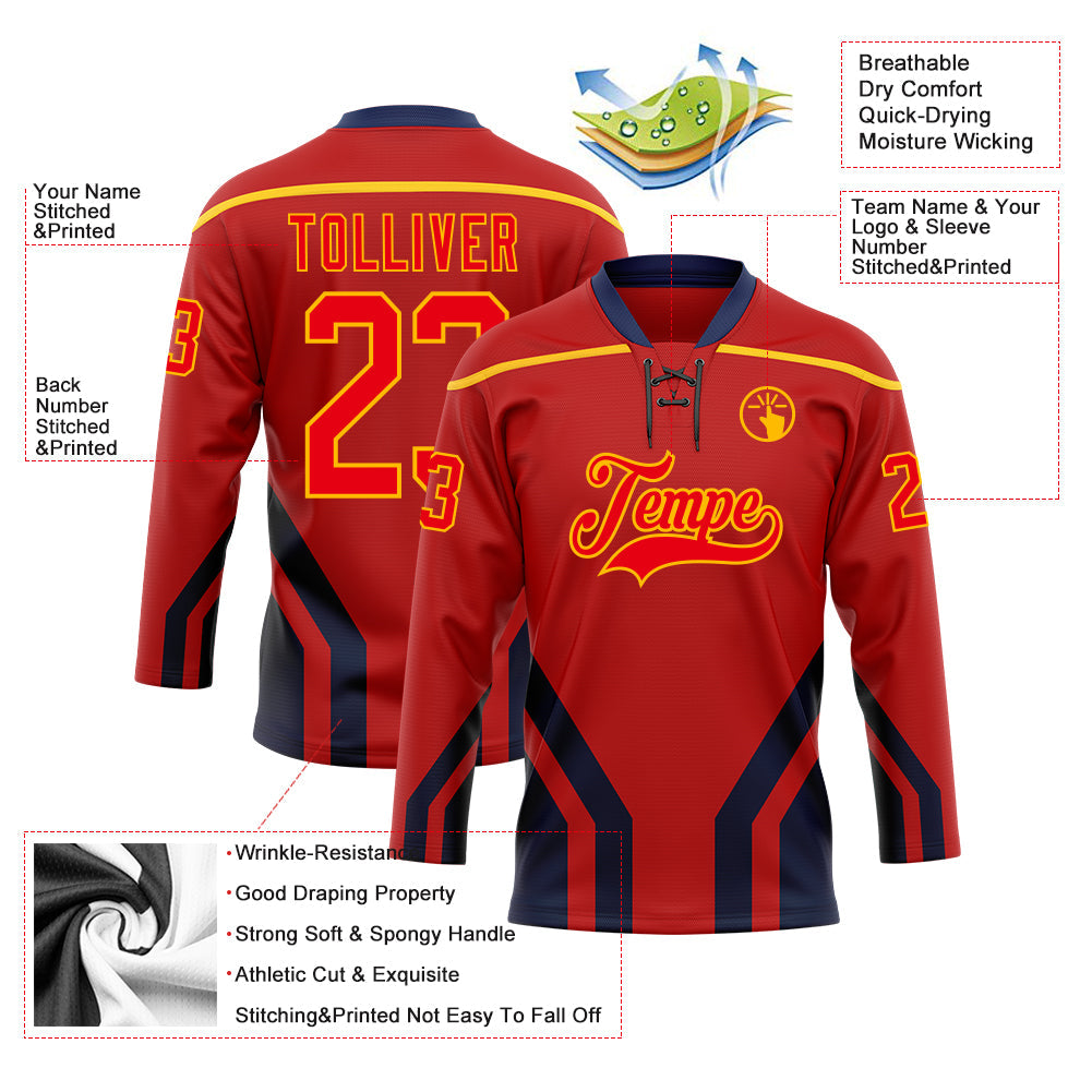 Custom Red Fire Red Gold-Navy 3D Abstract Pattern Graphic Cyber Mecha E-sport Hockey Lace Neck Jersey