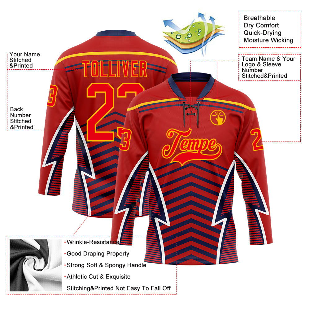 Custom Red Fire Red Gold Navy-White 3D Abstract Pattern Graphic Cyber Mecha E-sport Hockey Lace Neck Jersey
