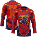 Custom Red Fire Red Gold Navy-White 3D Abstract Pattern Graphic Cyber Mecha E-sport Hockey Lace Neck Jersey