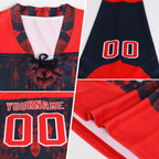 Custom Red Fire Red Gold Navy-White 3D Abstract Pattern Graphic Cyber Mecha E-sport Hockey Lace Neck Jersey