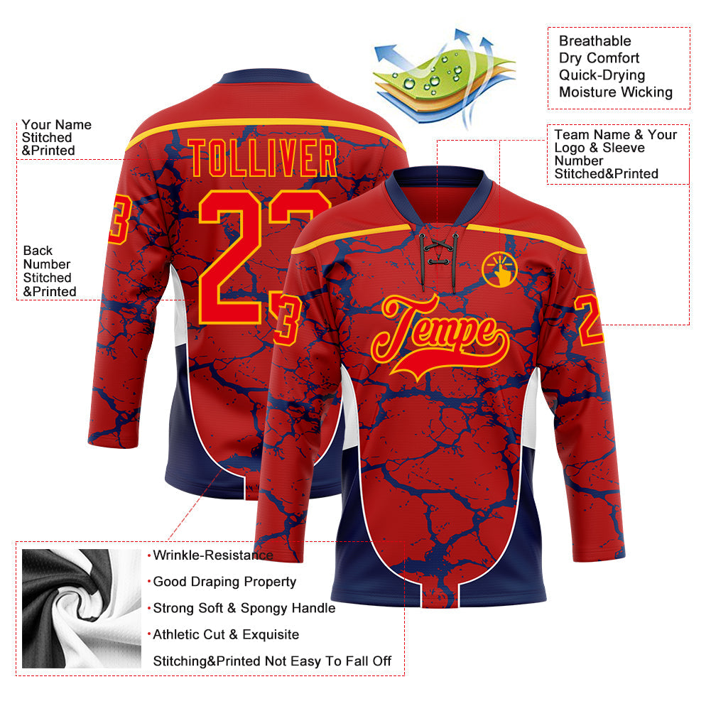Custom Red Fire Red Gold Navy-White 3D Abstract Pattern Graphic Cyber Mecha E-sport Hockey Lace Neck Jersey