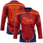 Custom Red Fire Red Gold Navy-White 3D Abstract Pattern Graphic Cyber Mecha E-sport Hockey Lace Neck Jersey