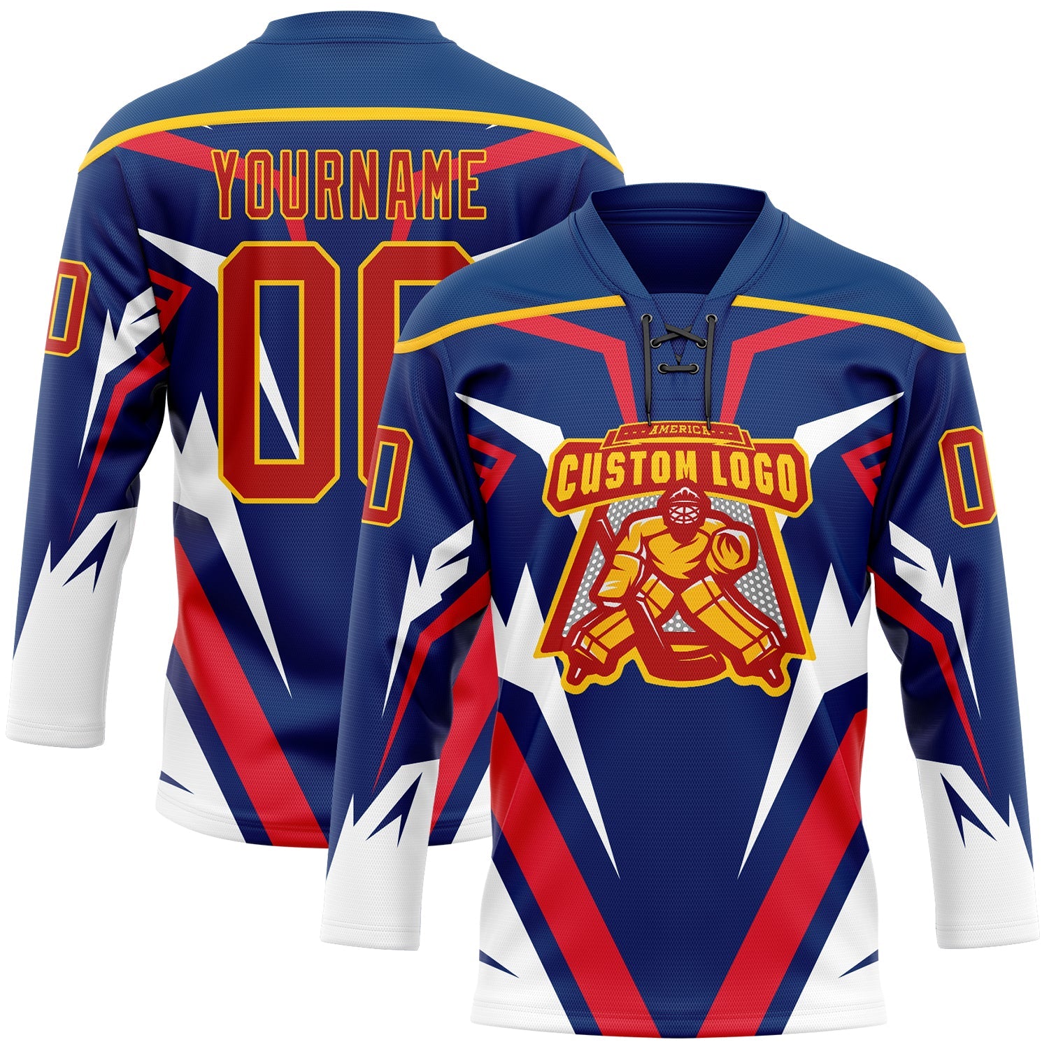 Custom US Navy Blue Red Yellow-White 3D Abstract Pattern Graphic Cyber Mecha E-sport Hockey Lace Neck Jersey