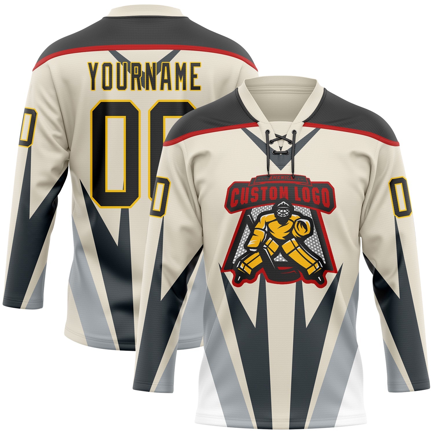 Custom Cream Black Gray Red-Yellow 3D Abstract Pattern Graphic Cyber Mecha E-sport Hockey Lace Neck Jersey