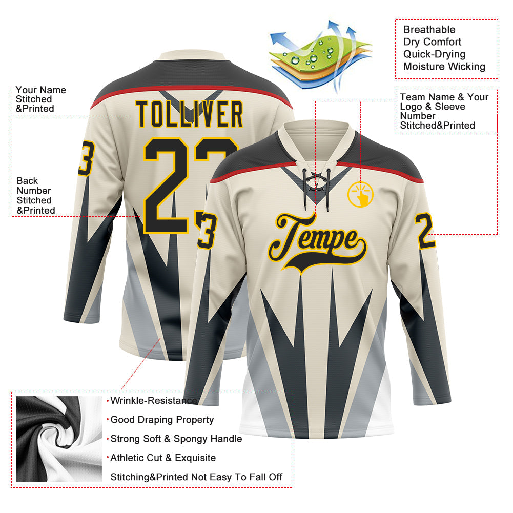 Custom Cream Black Gray Red-Yellow 3D Abstract Pattern Graphic Cyber Mecha E-sport Hockey Lace Neck Jersey