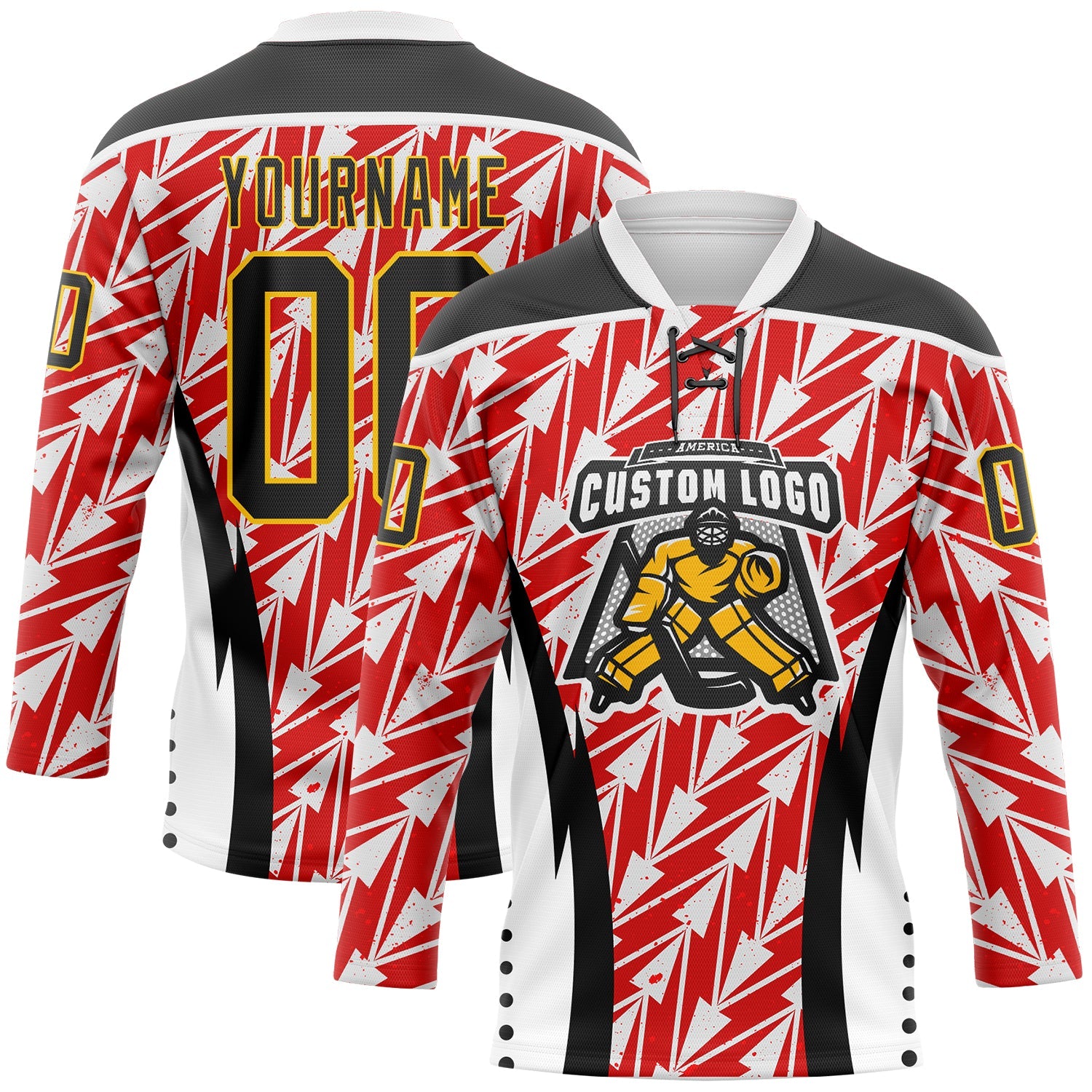 Custom White Black Red Yellow-White 3D Abstract Pattern Graphic Cyber Mecha E-sport Hockey Lace Neck Jersey
