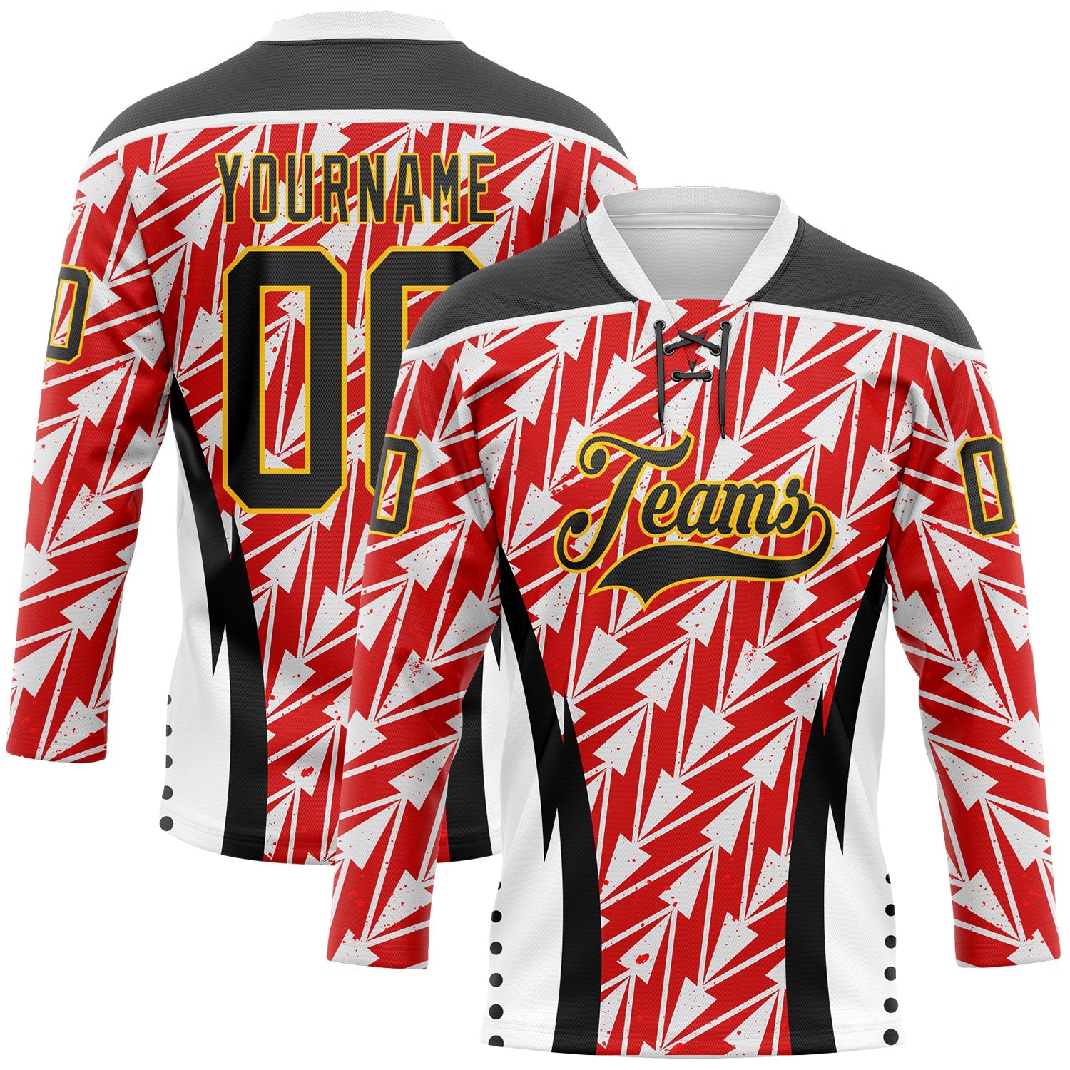 Custom White Black Red Yellow-White 3D Abstract Pattern Graphic Cyber Mecha E-sport Hockey Lace Neck Jersey