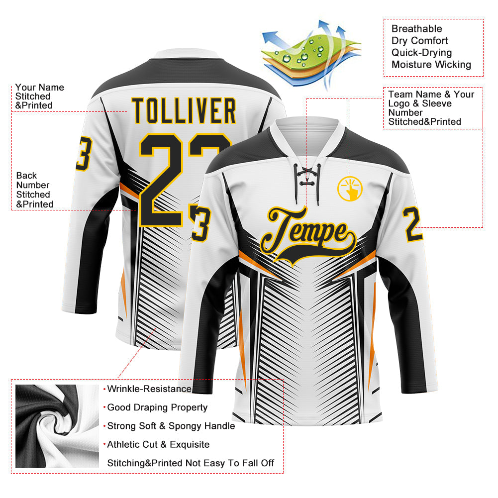 Custom White Black Yellow-Orange 3D Abstract Pattern Graphic Cyber Mecha E-sport Hockey Lace Neck Jersey