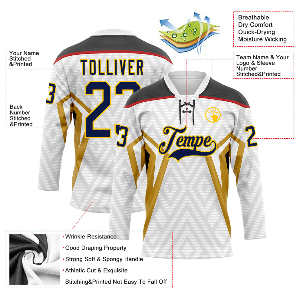 Custom White Navy Old Gold Yellow Black-Red 3D Abstract Pattern Graphic Cyber Mecha E-sport Hockey Lace Neck Jersey