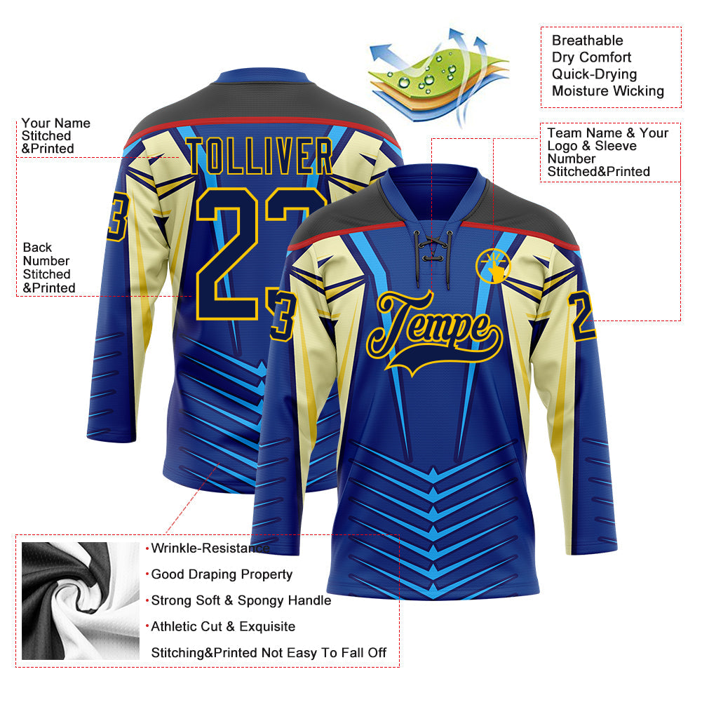 Custom Blue Navy Black Red-Yellow 3D Abstract Pattern Graphic Cyber Mecha E-sport Hockey Lace Neck Jersey