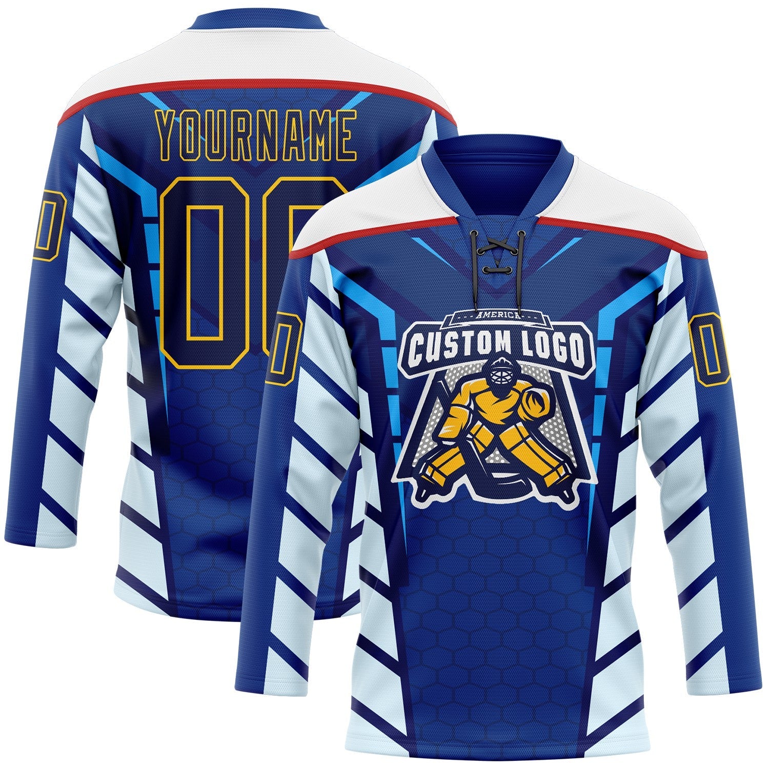 Custom Blue Navy Yellow Red-White 3D Abstract Pattern Graphic Cyber Mecha E-sport Hockey Lace Neck Jersey