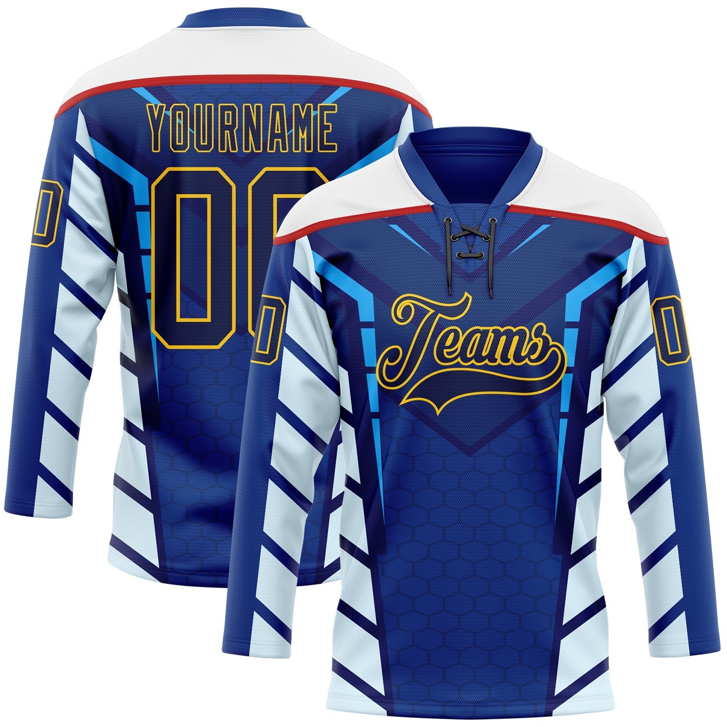 Custom Blue Navy Yellow Red-White 3D Abstract Pattern Graphic Cyber Mecha E-sport Hockey Lace Neck Jersey