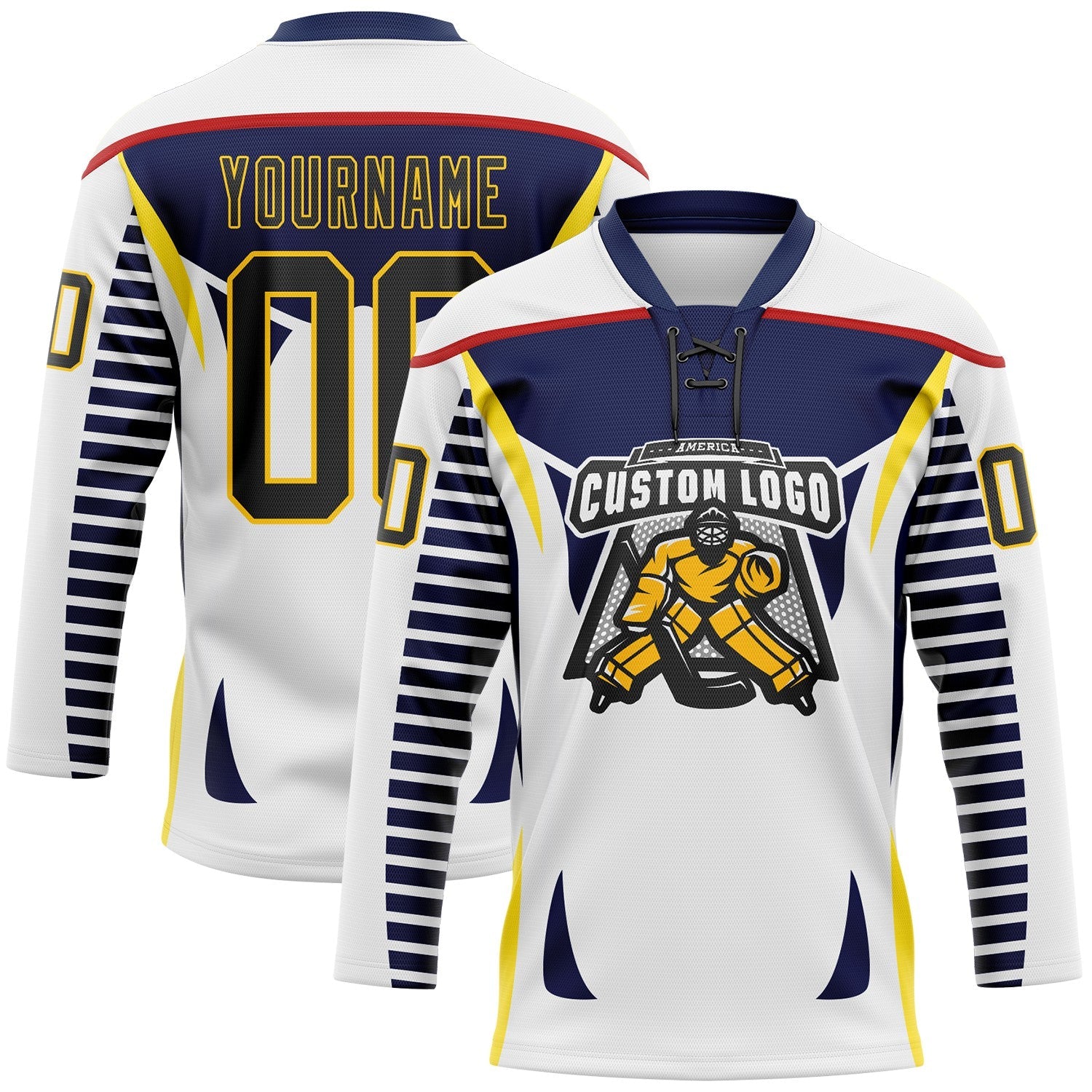 Custom White Black Navy Red-Yellow 3D Abstract Pattern Graphic Cyber Mecha E-sport Hockey Lace Neck Jersey